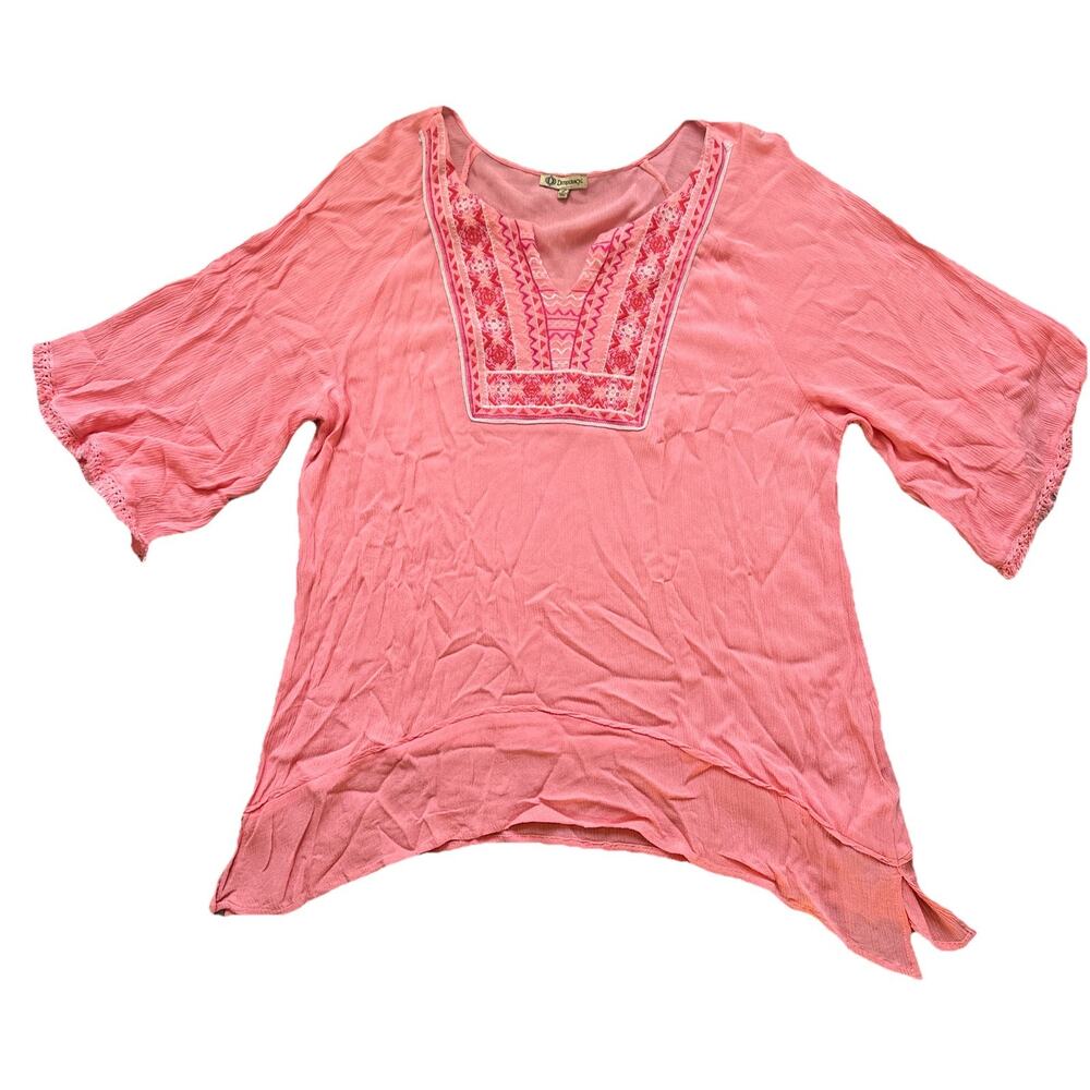 Democracy Coral Orange Boho Crochet Top Womens Size Large 3/4 Sleeve Embroidery